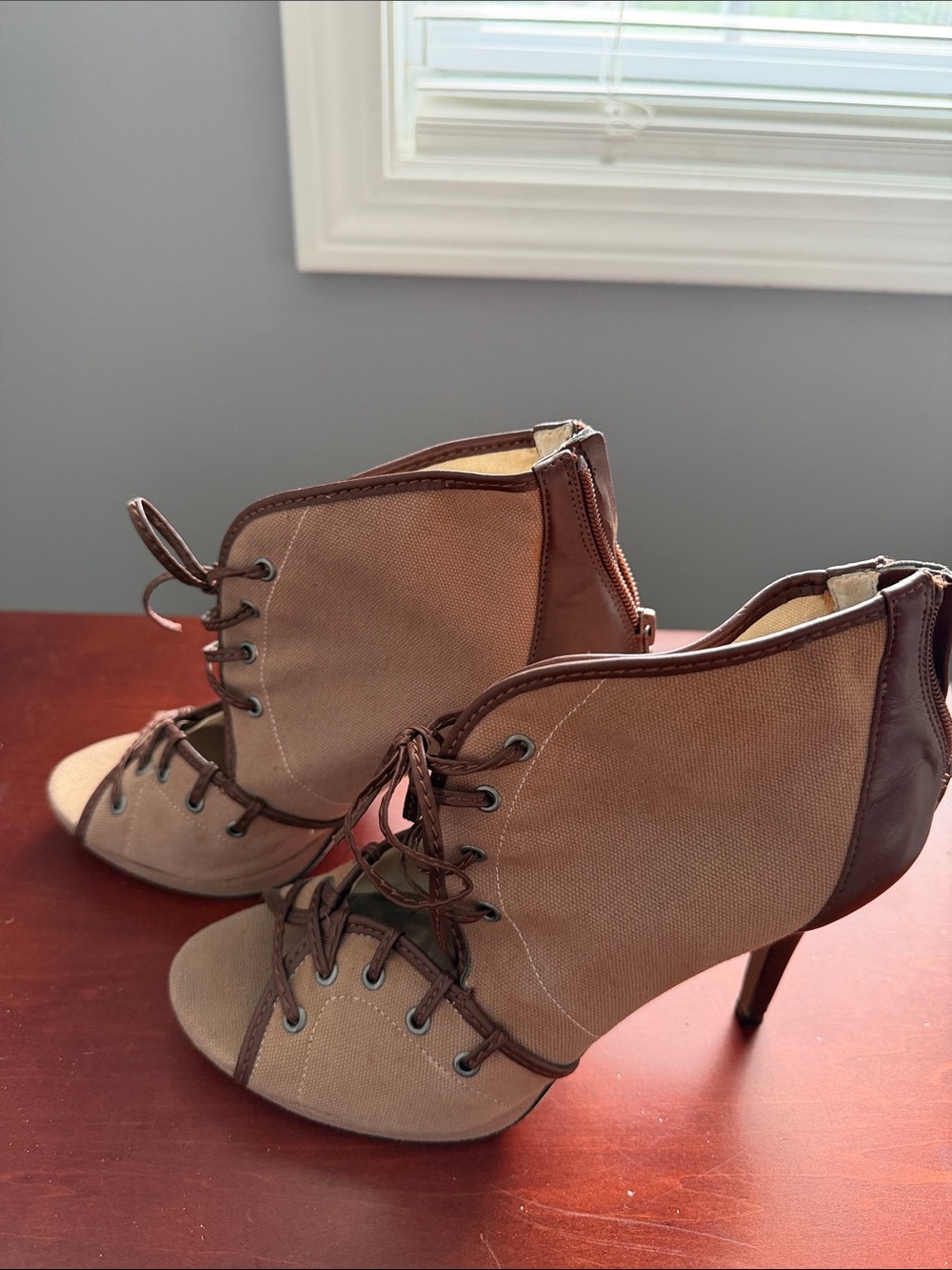 LOFT Brown Canvas Lace-Up High-Heel Ankle Booties